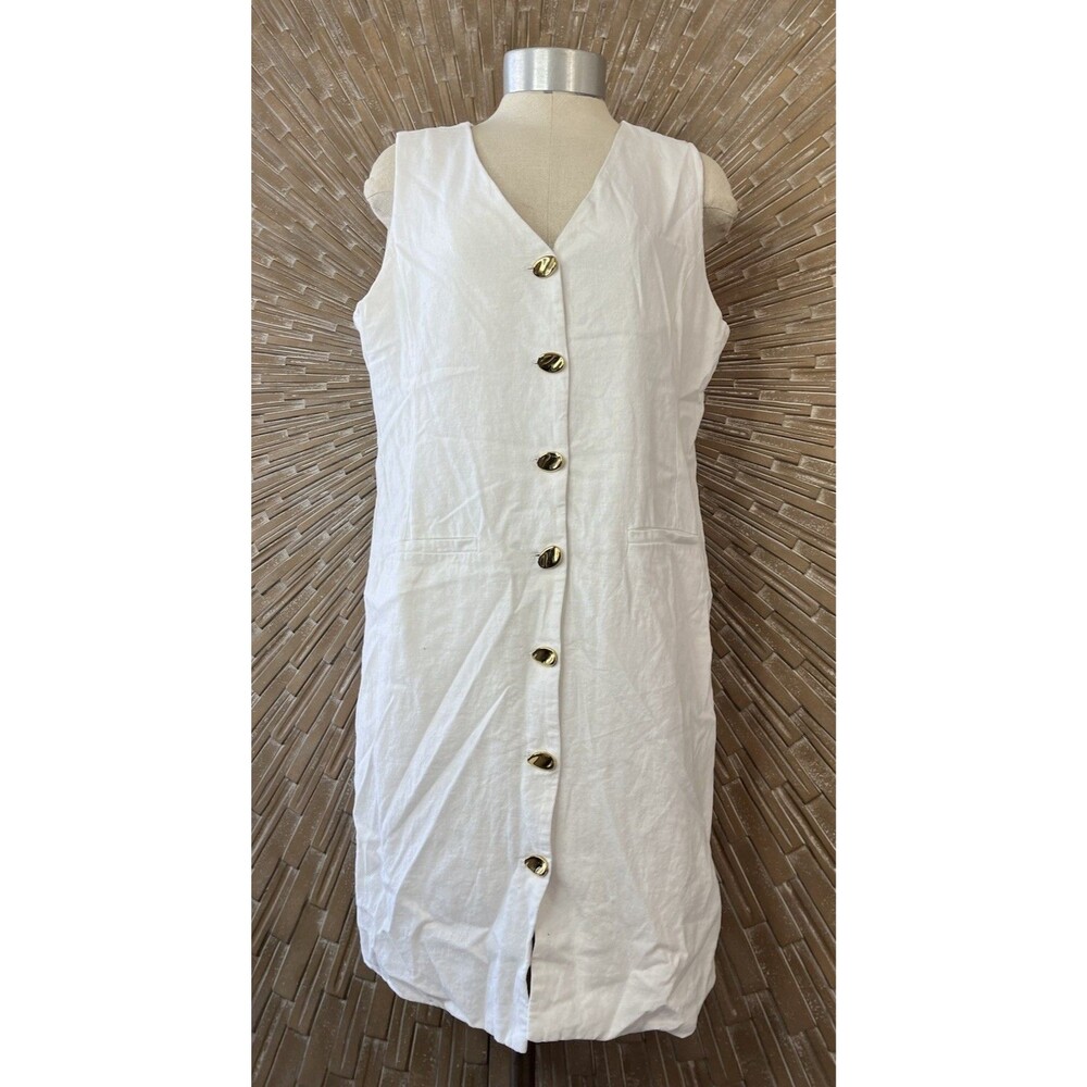 Rachel Zoe  Sleeveless Linen Blend Gold Button Shift Dress Beach Classic Sz S